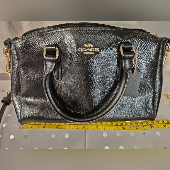 Coach mini satchel black patent leathetw/ gold hardware & 48" shoulder strap. - Picture 2 of 9